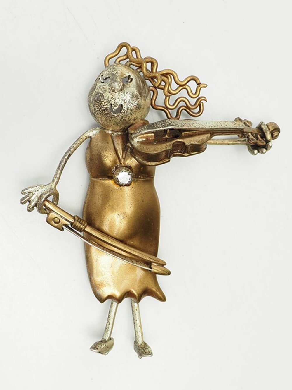 Woman figure playing violin sterling silver brass crystal pin by Sharon Seggi